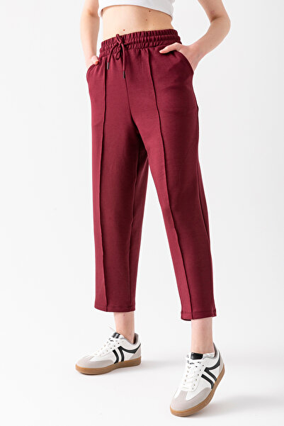 CNRCollection Women's Burgundy Elastic Waist Pocket High Waist Front Ribbed Balloon Mold Modal Fabric Balloon Pants