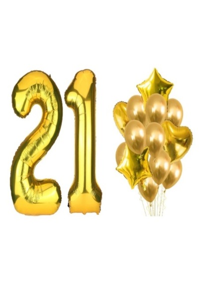 OEM Set de 16 baloane aurii, aniversare 21, număr folie 100 cm, stele 45 cm, ...