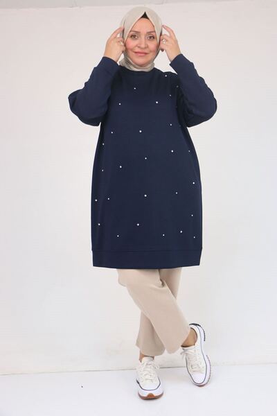 Eslina 58157 Μεγάλο μέγεθος Beyoğlu Modal Tunik με πέτρα - Μπλε ναυτικό