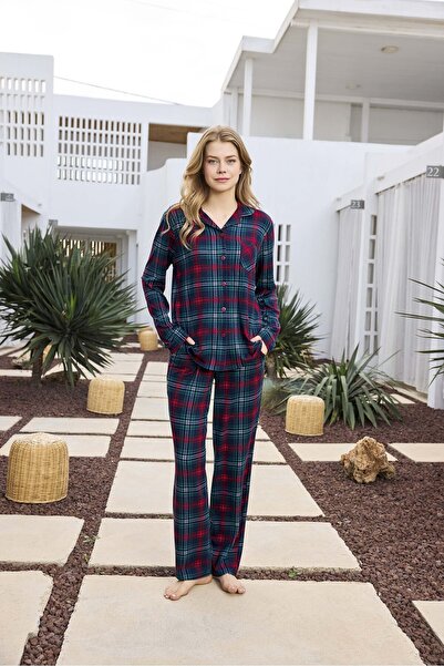 Aydoğan Thermal Plaid Print Front Tie Shirt Collar Women Long Sleeve Pajama Set