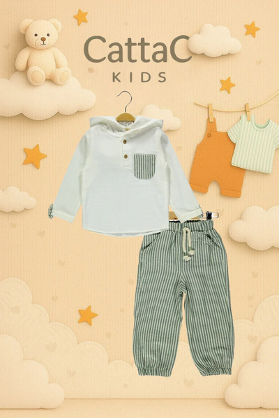 Cattac Kids Erkek Çocuk Kapüşonlu Beyaz Gömlek ve Yeşil Çizgili Pantolon Takımı (2-5 Yaş)