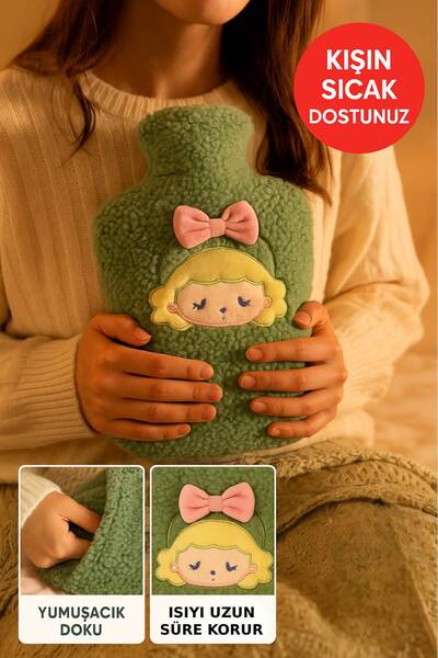 TOYFEST Yeşil Peluş Sıcak Su Torbası – Yumuşak, Güvenli ve Şık Saçlı Kız Model, 1 Litre