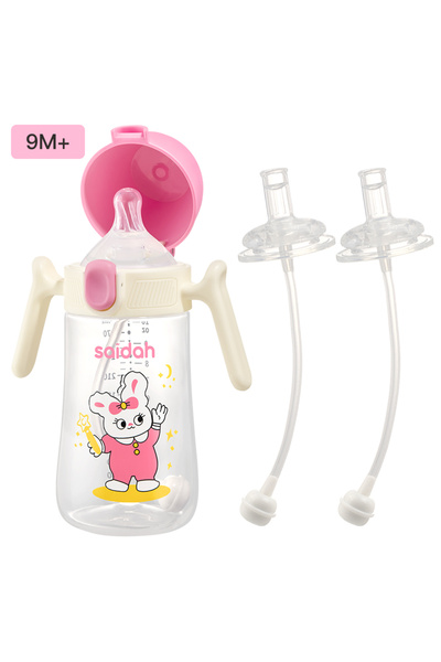 Choice زجاجة وردية بثلاث ماصات، 10 أونصات، زجاجة رضاعة للأطفال على شكل صدفة، ماصة من السيليكون، مقاومة للانسكاب والتسرب، تود