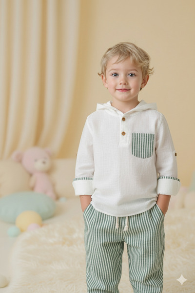 Cattac Kids CattacKids | Erkek Çocuk Kapüşonlu Beyaz Gömlek ve Yeşil Çizgili ...