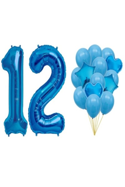 OEM Set of 16 blue balloons, 12th anniversary, number 98 cm, stars 45 cm, hea...