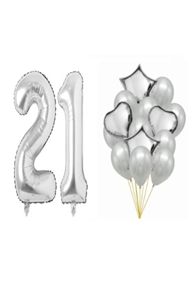 OEM Set de 16 baloane argintii, aniversare 21, număr 98cm, steluțe 45cm, inim...
