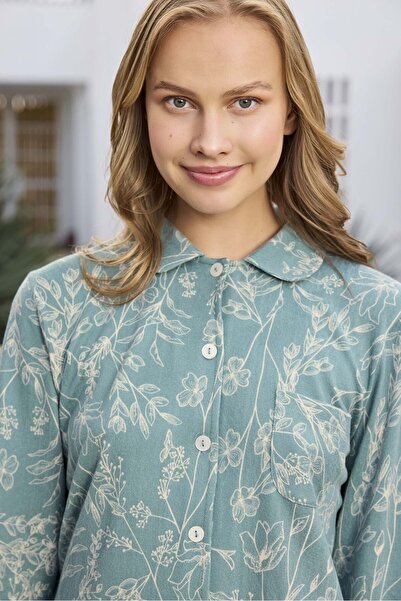 Aydoğan Thermal Turquoise Floral Patterned Front Tie Shirt Collar Women's Long Sleeve Pajama Set