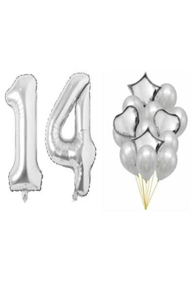 OEM Set de 16 baloane argintii, aniversare 14, număr 98 cm, steluțe 45 cm, in...