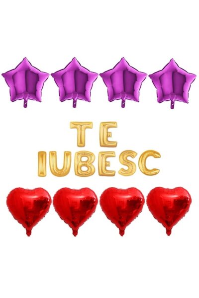 OEM Set de 16 baloane folie "TE IUBESC" aurii, inimioare roșii, stele fuchsia
