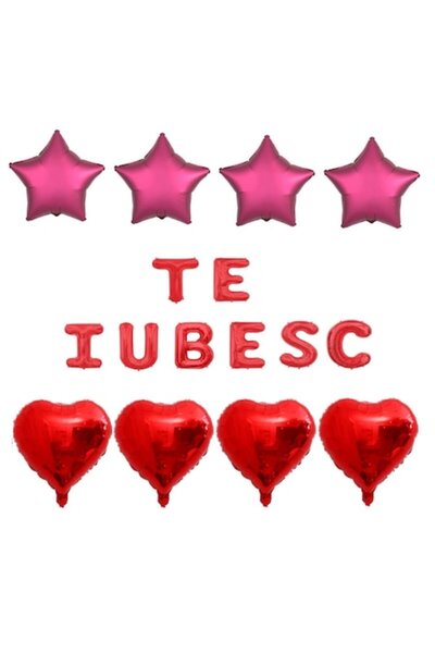 OEM Set of 16 foil balloons 'TE IUBESC' red, hearts and maroon stars
