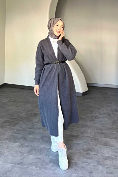 Safgiyim44 Angora Long Belted Cardigan Anthracite Gray