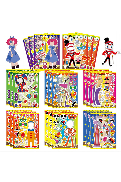 BANDAI ٨ أوراق/١٦ ورقة ملصقات أحجية سيرك للأطفال، اصنع وجهًا كرتونيًا، قم بتج...