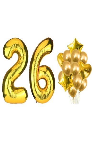 OEM Set de 16 baloane aurii, aniversare 26 de ani, număr 101 cm, steluțe 45 c...