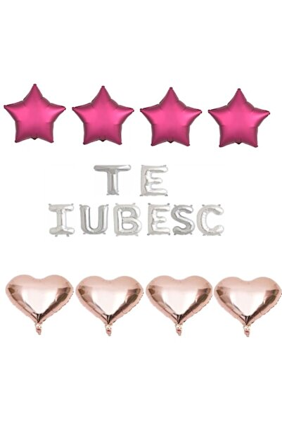 OEM Set of 16 Foil Balloons 'TE IUBESC' Silver with Rose Gold Hearts and Maroon Stars