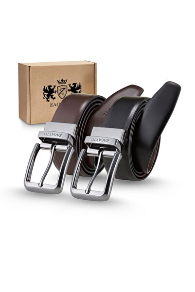 zagatto Ανδρική δερμάτινη ζώνη, διπλής όψης, κομψή, μαύρη / καφέ, περιστρεφόμ...