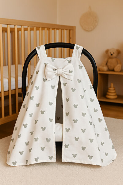 BeygeBaby %100 Pamuktan Mickey'li Poplin Kumaştan Mevsimlik Puset Örtüsü