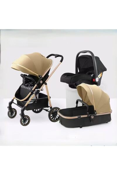 Generic 3-in-1 Baby Stroller with Carrycot, Car Seat & Reclining, , baby stroller 0-3 years Khaki and Black