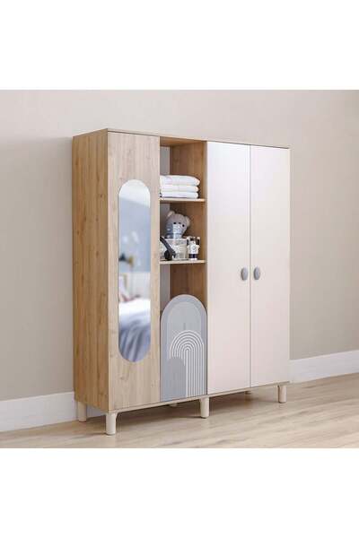 Danube Home خزانة ملابس زيتا بأربعة أبواب متأرجحة مع مرآة وأرفف مفتوحة - أبيض عاجي ورمادي - خشب هندسي