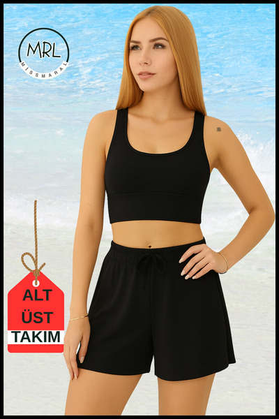 missmaral Women's Black Two-Layer Sports Swimsuit Set – Fixed Pad Top, Elastic Waist Shorts with Pockets