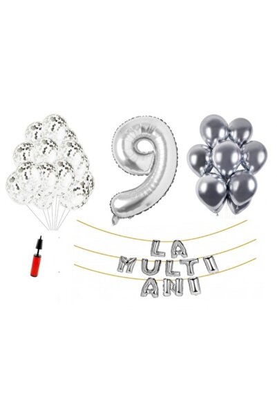 OEM Set de 32 de baloane, „La mulți ani” 9 ani, număr folie 100 cm, argintiu