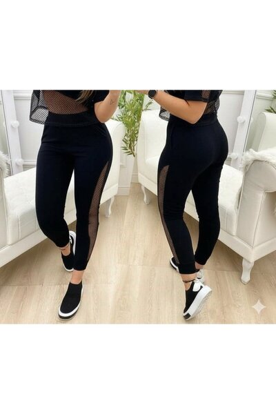 ALPACO Women's High Waist Mesh Detailed Slim Fit Viscose Two Thread Pants