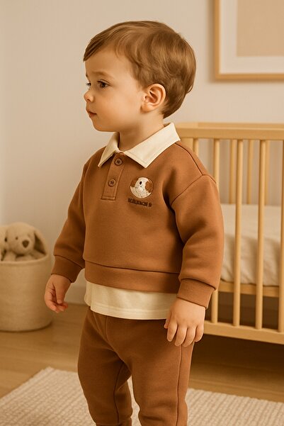 dinamik çocuk Baby Boy Adventure Embroidery Collar Detailed 2-Piece Set 3-Thread Winter Sweatshirt and Bottoms 100% Cotton 6-24 Months