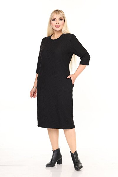 modayız Double Pocket Patterned Stretchy Winter Plus Size Midi Dress 9F-2717
