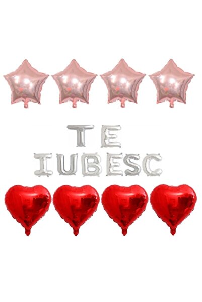 OEM Set de 16 baloane folie „TE IUBESC” argintii, inimioare roșii, stele auri...