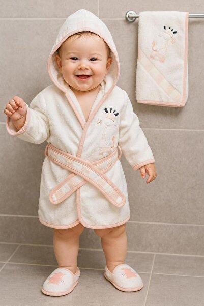 BYS BABY FASHION طقم منشفة ورداء حمام للأطفال البنات بنقشة الزرافة عضوي - هدي...