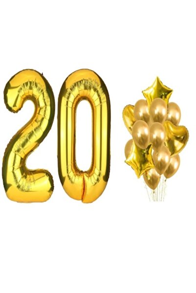 OEM Set de 16 baloane aurii, aniversare de 20 de ani, număr 101 cm, stele și ...