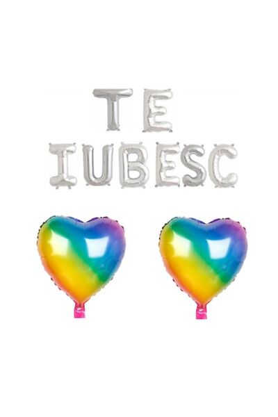 Domi Party & Gifts Set 10 baloane folie I LOVE YOU argintii , inimioare curcubeu