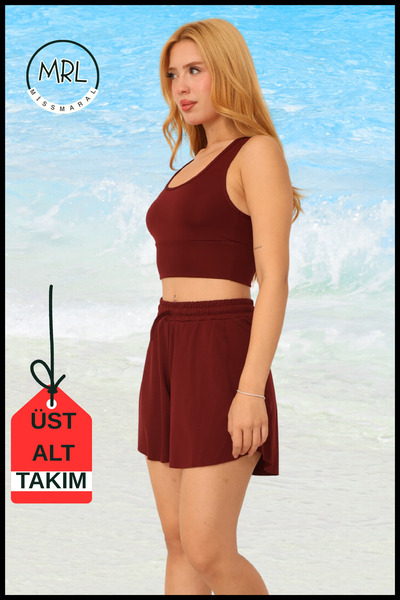 missmaral Women's Burgundy Two-Layer Sports Swimsuit Set – Fixed Pad Top, Elastic Waist Shorts with Pockets