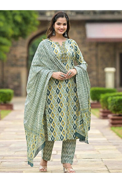 MYSMAR سلوار قميص ودوباتا من مزيج القطن الأخضر - ALV1066 | أخضر