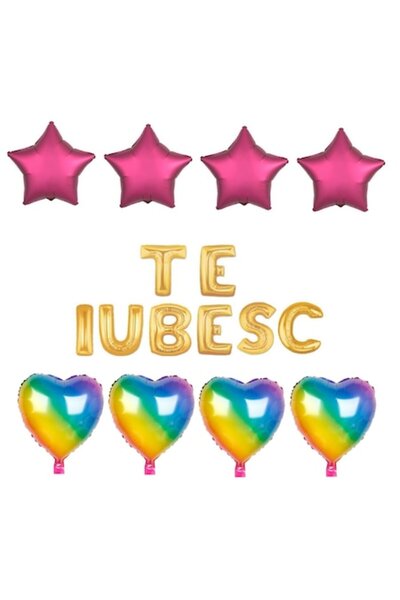Domi Party & Gifts Set 16 baloane folie I LOVE YOU aurii , inimioare curcubeu...