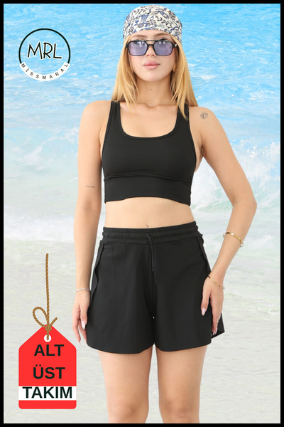 missmaral Women's Black Two-Layer Sports Swimsuit Set – Fixed Pad Top, Elastic Waist Shorts with Pockets