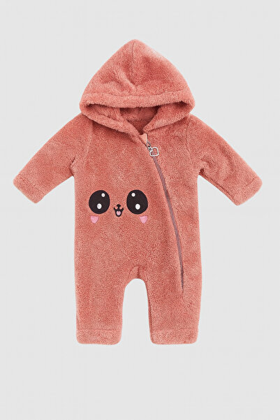 Uğur bebe Powder Color Hooded Zippered Plush Baby Romper Soft Wellsoft Fabric Winter Warm Romper
