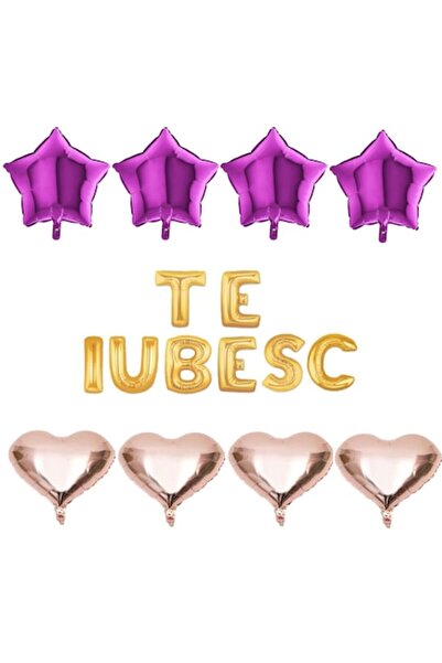 OEM Set de 16 baloane folie „TE IUBESC” aurii, inimioare aurii roz, stele fuc...