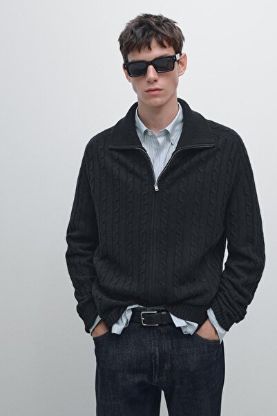 Massimo Dutti %100 yün saç örgülü fermuarlı hırka