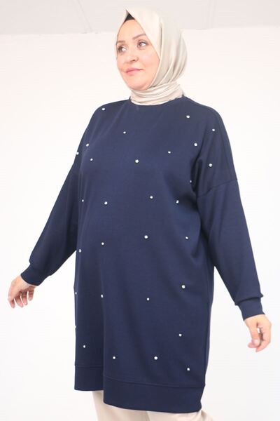 Eslina 58157 Μεγάλο μέγεθος Beyoğlu Modal Tunik με πέτρα - Μπλε ναυτικό