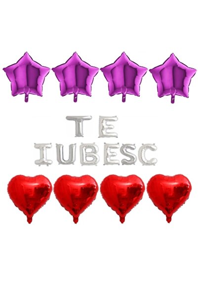 OEM Set of 16 foil balloons 'TE IUBESC' silver, red hearts, fuchsia stars