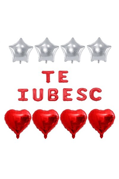 OEM Set de 16 baloane folie „TE IUBESC” roșii, inimioare roșii, stele argintii