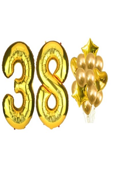 OEM Set de 16 baloane aurii - aniversare 38: 98 cm număr, 45 cm stele și inim...