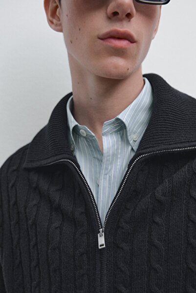 Massimo Dutti %100 yün saç örgülü fermuarlı hırka