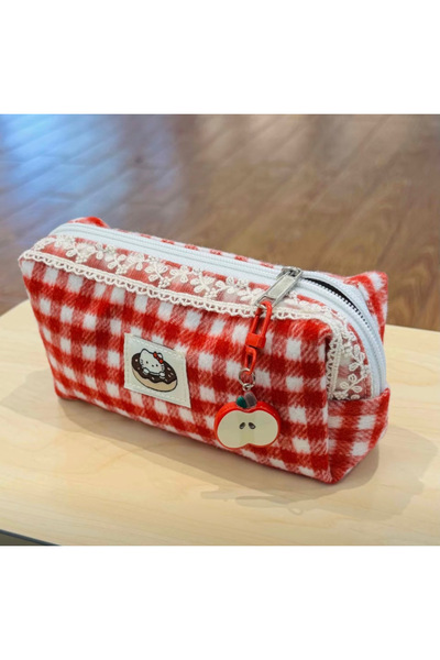 Choice 1 Hello Kitty Cute Retro Red Checkered Pencil Case, Portable Large-capacity New Style Simple Studen.