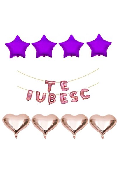 OEM Set of 16 foil balloons 'TE IUBESC' rose gold, rose gold hearts, purple stars