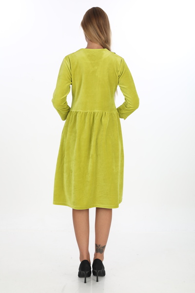 STELLETO Bebe Yakalı Belden Büzgülü Fermuarlı Cepli Kışlık Kadife Büyük Beden Elbise