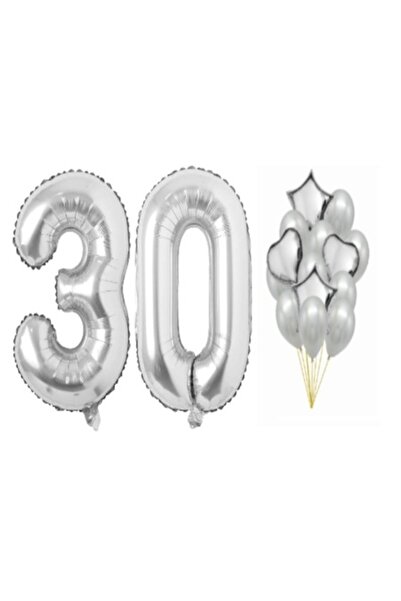 OEM Set de 16 baloane argintii, aniversare de 30 de ani, număr 98 cm, steluțe...