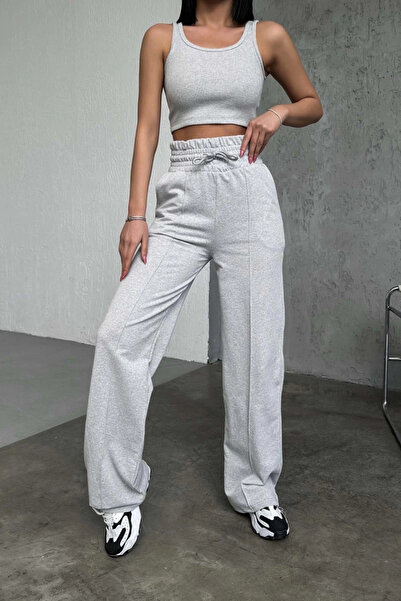 Epilons Κομψό και άνετο ψηλόμεσο φαρδύ γκρι παντελόνι φόρμας
