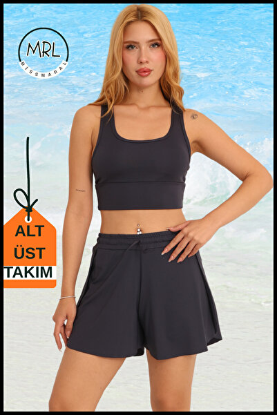 missmaral Kadın Antrasit İki Katmanlı Spor Mayo Takım – Sabit Pedli Üst, Cepli Beli Lastikli Şort