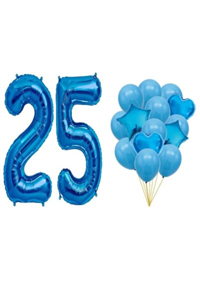 OEM Set de 16 baloane albastre, aniversare 25 de ani - număr 100 cm, stele/in...